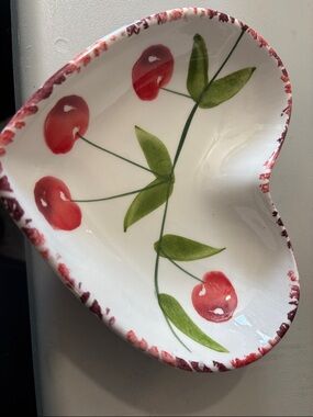Heart-Shaped Ceramic Dish with Red Cherry Motif